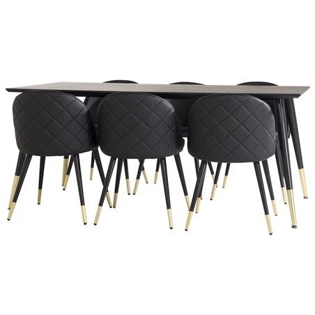 Dipp Dining Table - 180*90cm - Black / Black Brass, Velvet Dining Chair w, Stiches - PU - Black / Black_6