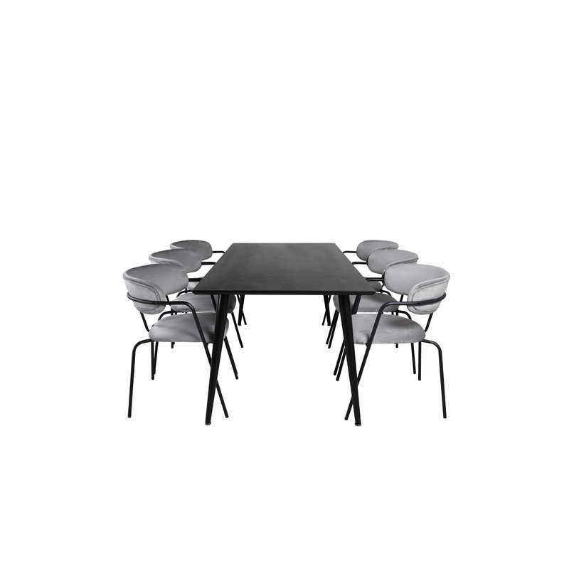 Dipp Dining Table - 180*90cm - Black Veneer / all black legs , Arrow armchair - Black Legs - Grey Velvet_6