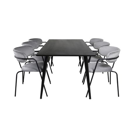 Dipp Dining Table - 180*90cm - Black Veneer / all black legs , Arrow armchair - Black Legs - Grey Velvet_6