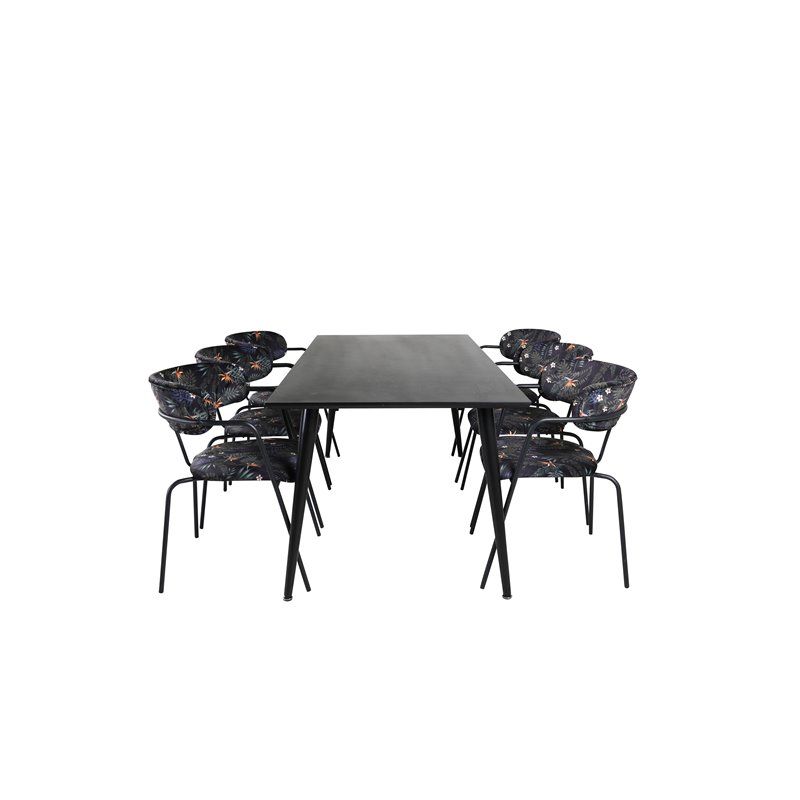 Dipp Dining Table - 180*90cm - Black Veneer / all black legs , Arrow armchair - Black Legs - Black Flower printed Fabric_6