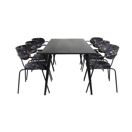 Dipp Dining Table - 180*90cm - Black Veneer / all black legs , Arrow armchair - Black Legs - Black Flower printed Fabric_6