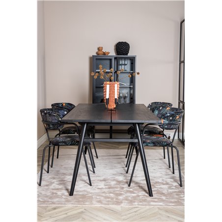 Sleek Extentiontable Black Brushed - 195*95, Arrow armchair - Black Legs - Black Flower printed Fabric_4