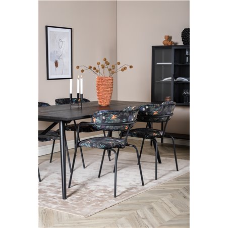 Sleek Extentiontable Black Brushed - 195*95, Arrow armchair - Black Legs - Black Flower printed Fabric_4