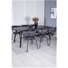 Sleek Extentiontable Black Brushed - 195*95, Arrow armchair - Black Legs - Black Flower printed Fabric_6