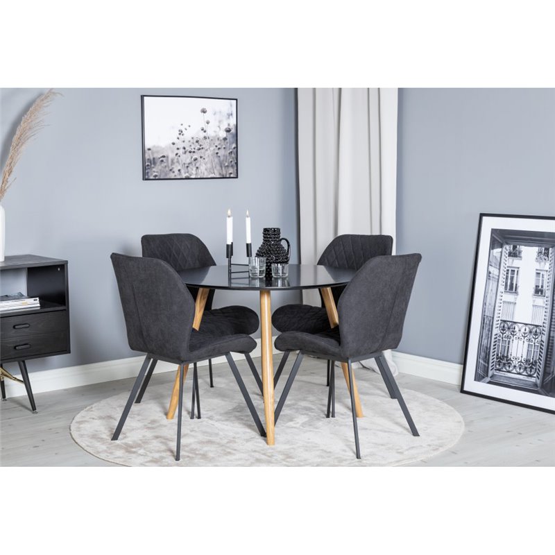 Plaza Round Dining Table - ø 100cm - Black / Oak, Gemma  Dining Chair - Black Legs - Black Fabric_4