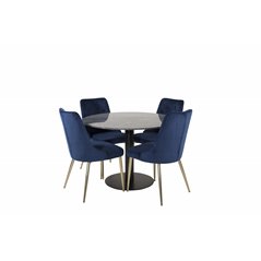 Estelle Round Dining Table ø106 H75 - Black / Black, Velvet Deluxe Dining Chair - Blue / Brass_4