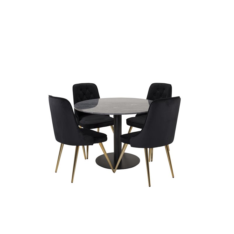 Estelle Round Dining Table ø106 H75 - Black / Black, Velvet Deluxe Dining Chair - Black / Brass_4