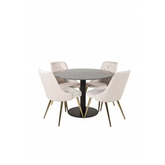 Estelle Round Dining Table ø106 H75 - Black / Black, Velvet Deluxe Dining Chair - Beige / Brass_4