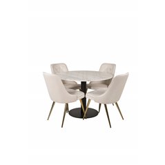 Estelle Round Dining Table ø106 H75 - White / Black, Velvet Deluxe Dining Chair - Beige / Brass_4