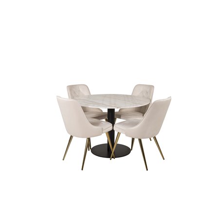 Estelle Round Dining Table ø106 H75 - White / Black, Velvet Deluxe Dining Chair - Beige / Brass_4