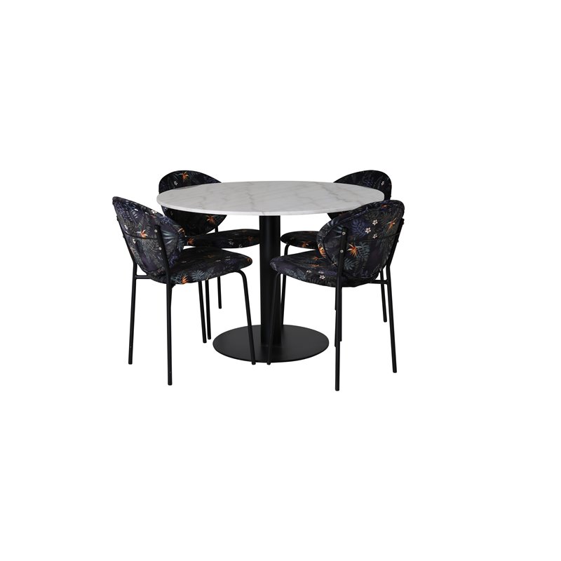 Estelle Round Dining Table ø106 H75 - White / Black, Vault Dining Chair - Black legs - Black Flower printed fabric_4