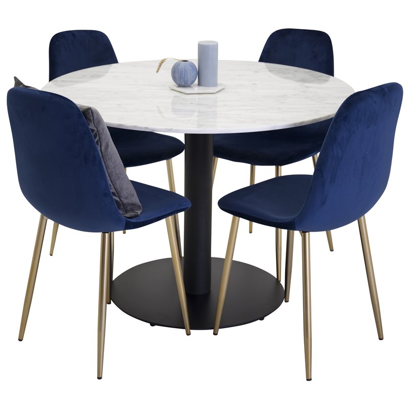 Estelle Round Dining Table ø106 H75 - White / Black, Polar Dining Chair - Blue / Brass_4