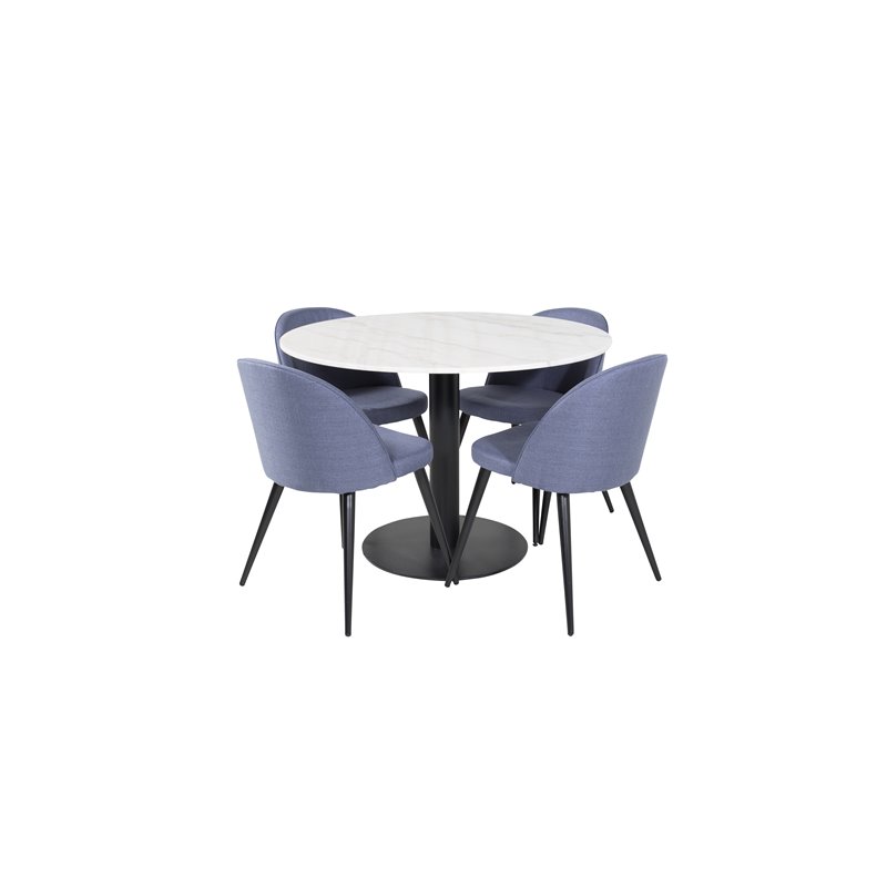 Estelle Round Dining Table ø106 H75 - White / Black, Velvet Dining Chiar - Black legs - Blue Fabric_4