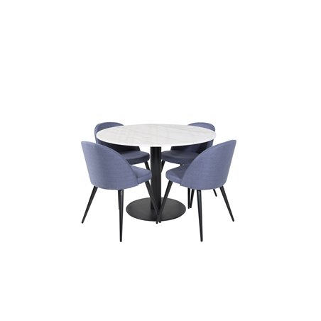 Estelle Round Dining Table ø106 H75 - White / Black, Velvet Dining Chiar - Black legs - Blue Fabric_4