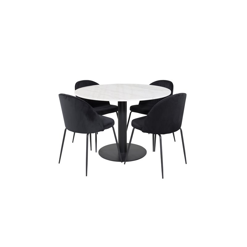 Estelle Rundt Spisebord ø106 H75 - Hvid / Sort, Rynker Spisestuestol - Sorte Ben - Sort Velvet_4