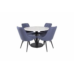 Estelle Round Dining Table ø106 H75 - White / Black, Velvet Deluxe Dining Chair - Black Legs - Blue Fabric_4