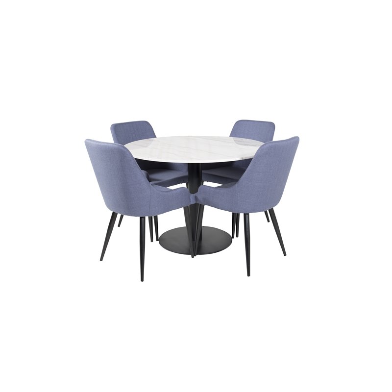 Estelle Round Dining Table ø106 H75 - White / Black, Plaza Dining Chair - Black Legs - Blue Fabric_4