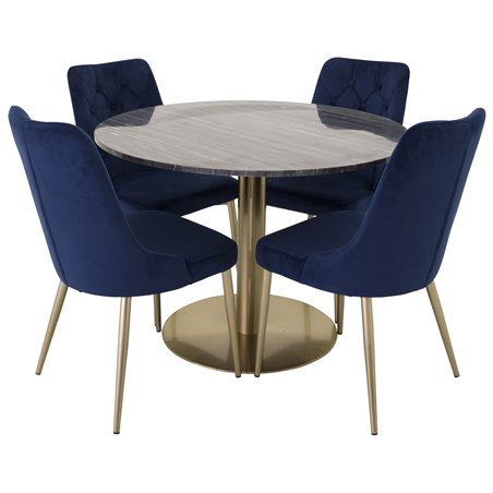 Estelle Round Dining Table ø106 H75 - Black / Brass, Velvet Deluxe Dining Chair - Blue / Brass_4