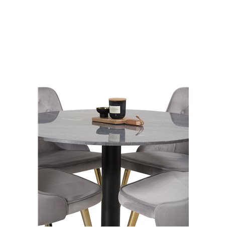 Estelle Round Dining Table ø106 H75 - Black / Black, Velvet Deluxe Dining Chair - Light Grey / Brass_4