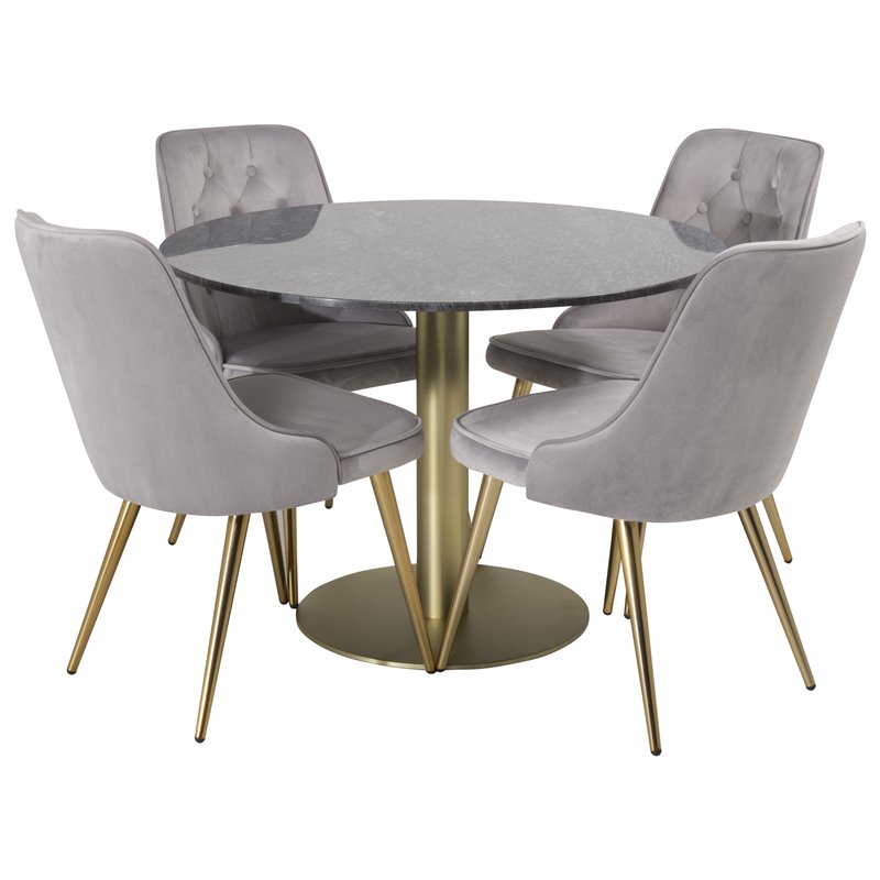 Estelle Round Dining Table ø106 H75 - Black / Brass, Velvet Deluxe Dining Chair - Light Grey / Brass_4