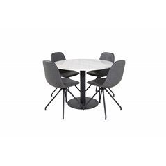 Estelle Round Dining Table ø106 H75 - White / Black, Polar Dining Chair with Spin function - black Legs - Black PU - Black Stitc