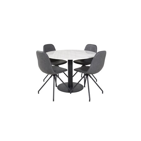 Estelle Round Dining Table ø106 H75 - White / Black, Polar Dining Chair with Spin function - black Legs - Black PU - Black Stitc