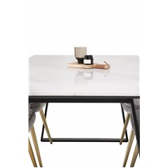 Estelle Dining Table 140*90 - White / Black, Velvet Deluxe Dining Chair - Light Grey / Brass_4