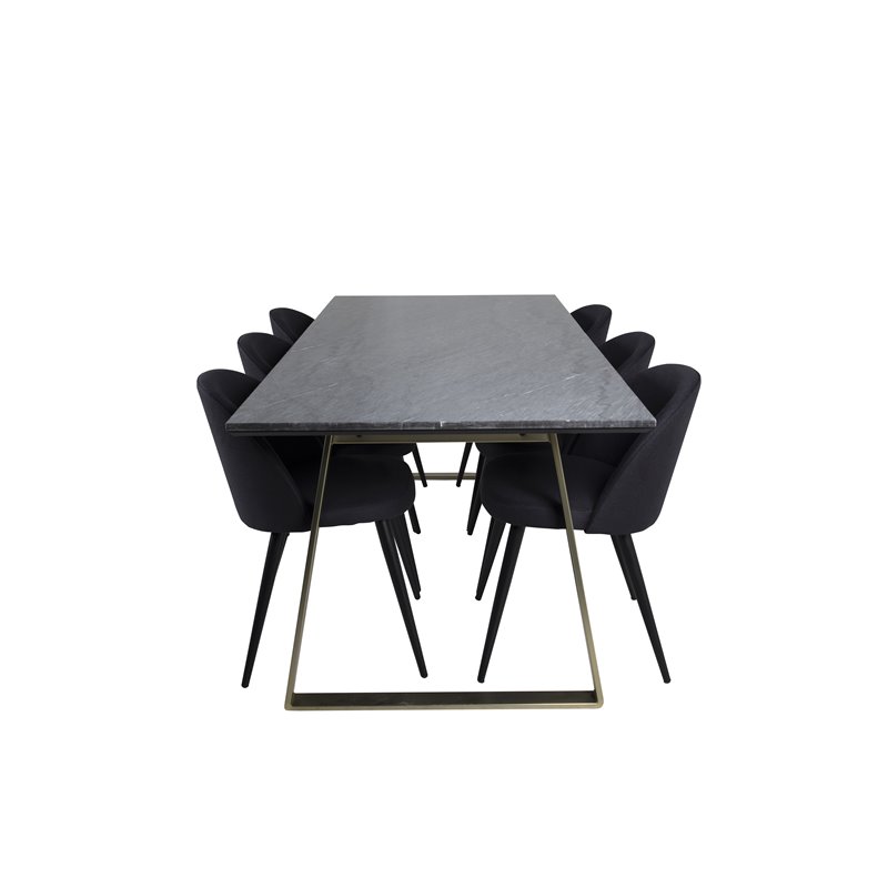 Estelle Dining Table 200*90*H76 - Grey / Brass, Velvet Dining Chiar  - Black legs- Black Fabric_6