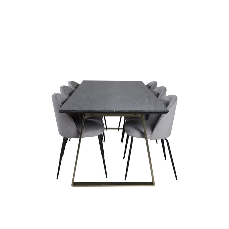 Estelle Dining Table 200*90*H76 - Grey / Brass, Wrinkles Dining Chair - Black Legs - Grey Velvet_6