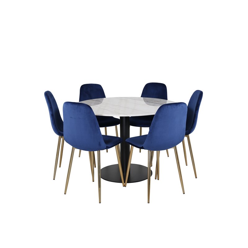 Estelle Round Dining Table ø106 H75 - White / Black, Polar Dining Chair - Blue / Brass_6