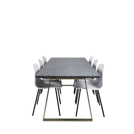 Estelle Dining Table 200*90*H76 - Grey / Brass, Arctic Dining Chair - Black Legs - White Plastic_6