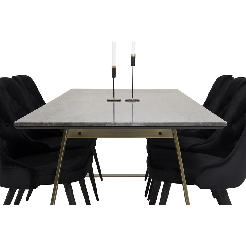 Estelle Dining Table 200*90*H76 - Grey / Brass, Velvet Deluxe Dining Chair - Black / Black_6