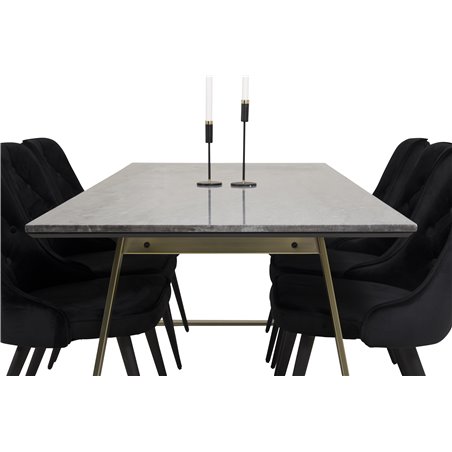 Estelle Dining Table 200*90*H76 - Grey / Brass, Velvet Deluxe Dining Chair - Black / Black_6