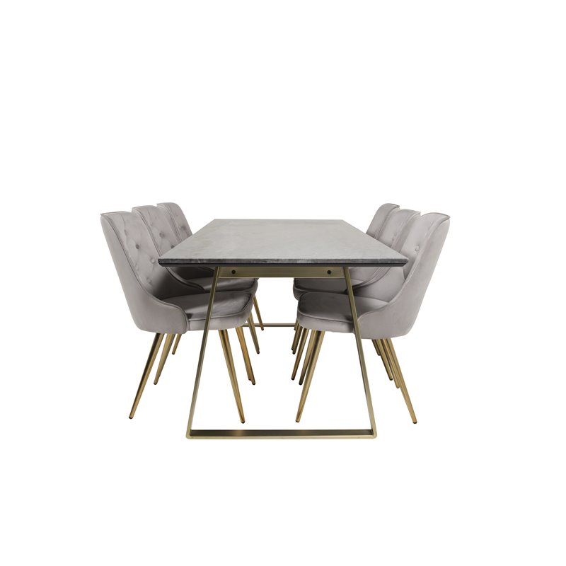 Estelle Dining Table 200*90*H76 - Grey / Brass, Velvet Deluxe Dining Chair - Light Grey / Brass_6