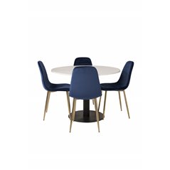 Razzia Dining Table ø106cm - White / Black, Polar Dining Chair - Blue / Brass_4