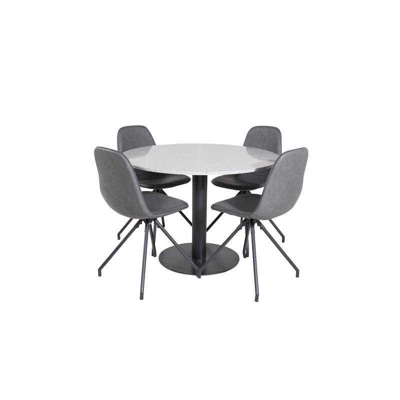 Razzia Dining Table ø106cm - Grey / Black, Polar Dining Chair with Spin function - black Legs - Black PU - Black Stitches_4