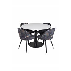 Razzia Dining Table ø106cm - White / Black, Velvet Dining Chair -  Black Flower fabric_4