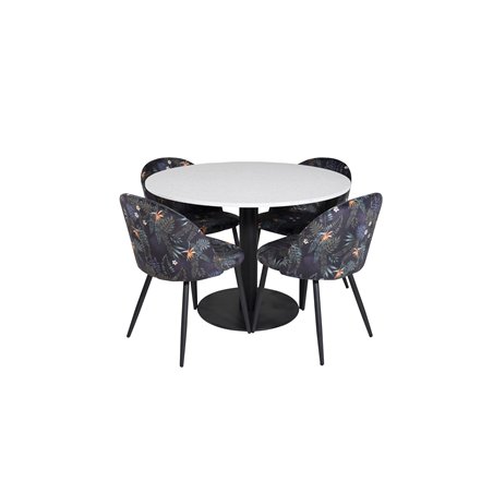 Razzia Dining Table ø106cm - White / Black, Velvet Dining Chair -  Black Flower fabric_4