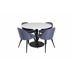 Razzia Dining Table ø106cm - White / Black, Velvet Dining Chiar - Black legs - Blue Fabric_4