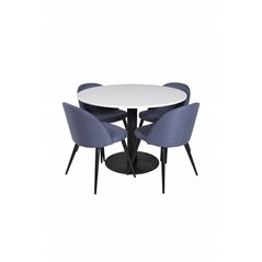 Razzia Dining Table ø106cm - White / Black, Velvet Dining Chiar - Black legs - Blue Fabric_4