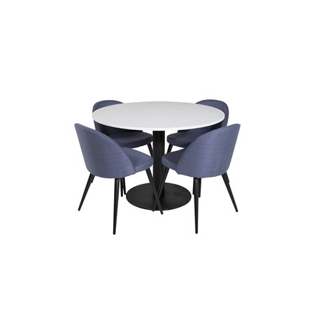 Razzia Dining Table ø106cm - White / Black, Velvet Dining Chiar - Black legs - Blue Fabric_4