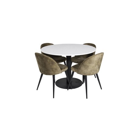 Razzia Dining Table ø106cm - White / Black, Velvet Dining Chiar - Black legs -  Dusty Green Velvet_4