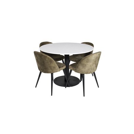 Razzia Dining Table ø106cm - White / Black, Velvet Dining Chiar - Black legs -  Dusty Green Velvet_4