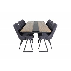 Jakarta Dining Table , 200*90*H75 - Dark Teak / Black, Velvet Deluxe Dining Chair - Black Legs - Black Fabric_6