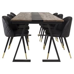 Jakarta Dining Table , 200*90*H75 - Dark Teak / Black, Velvet Dining Chair w, Stiches - PU - Black / Black_6