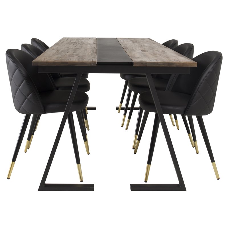 Jakarta Dining Table , 200*90*H75 - Dark Teak / Black, Velvet Dining Chair w, Stiches - PU - Black / Black_6