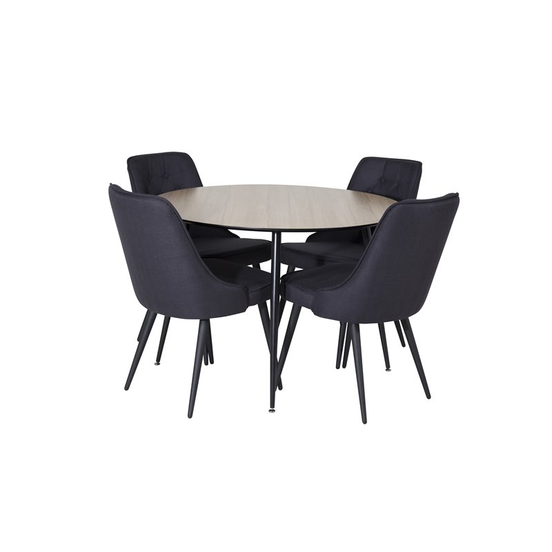 Silar Dining Table - Round 100 cm - "Wood Look"  Melamine / Black Legs, Velvet Deluxe Dining Chair - Black Legs - Black Fabric_4