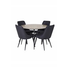 Silar Dining Table - Round 100 cm - "Wood Look"  Melamine / Black Legs, Velvet Deluxe Dining Chair - Black Legs - Black Fabric_4