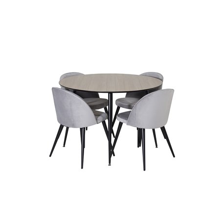 Silar Dining Table - Round 100 cm - "Wood Look"  Melamine / Black Legs, Velvet Dining Chair - Light Grey / Black_4