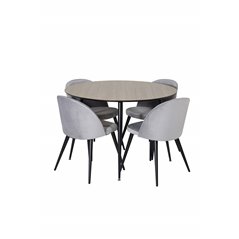 Silar Dining Table - Round 100 cm - "Wood Look"  Melamine / Black Legs, Velvet Dining Chair - Light Grey / Black_4